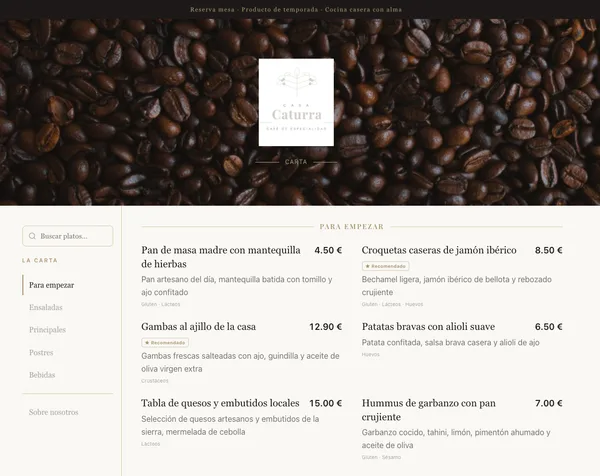 Real restaurant menu built with Bookarta — Casa Caturra